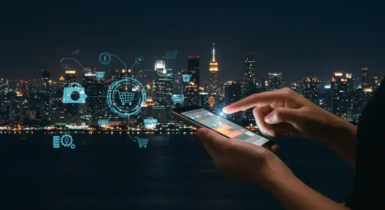 Smartphone user making a mobile purchase, digital commerce growth