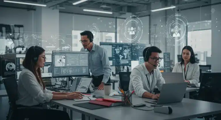 Customer service team working efficiently in a modern office, addressing marketplace inquiries and feedback.