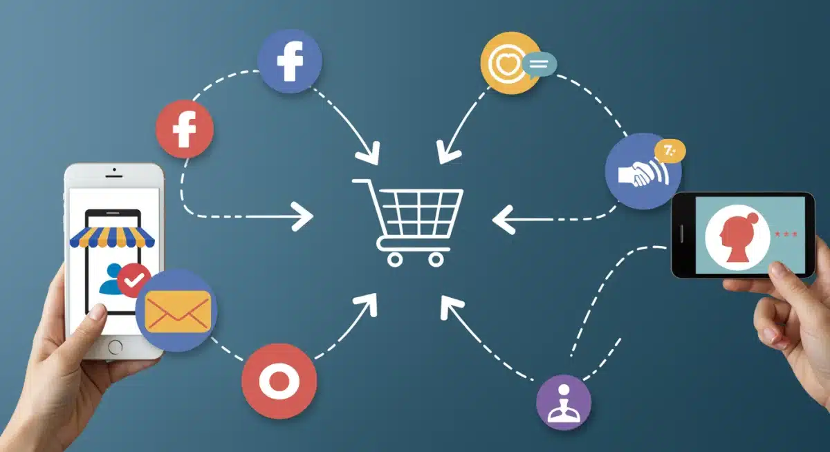 Multi-channel customer journey map showing social media influencing purchases and post-sale interaction.