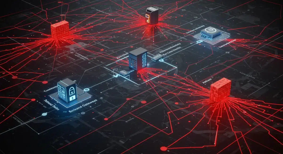 Complex network diagram with security protocols defending customer data