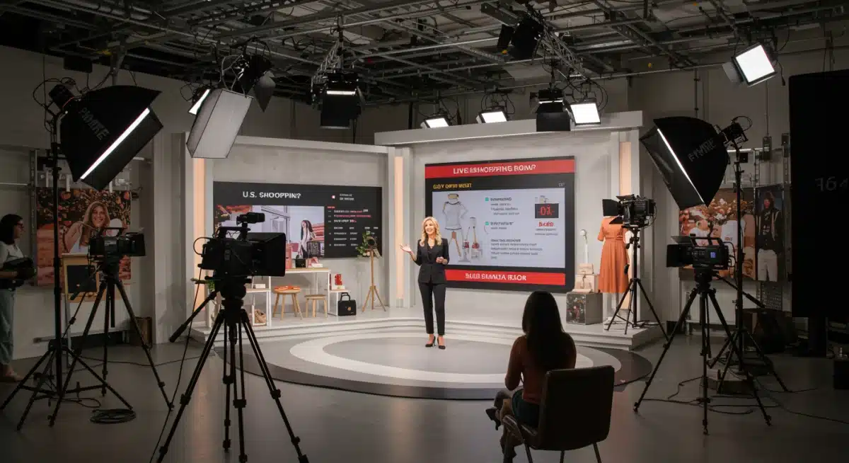 Professional live shopping studio with presenter, cameras, and real-time engagement data on display.