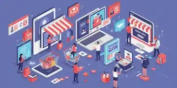 Vibrant digital illustration of social commerce growth with integrated shopping and diverse US consumers.