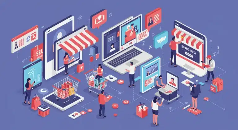 Vibrant digital illustration of social commerce growth with integrated shopping and diverse US consumers.