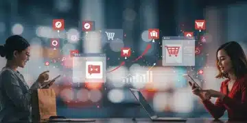 Illustration of social commerce integration, showing people shopping on social media platforms with sales growth charts.