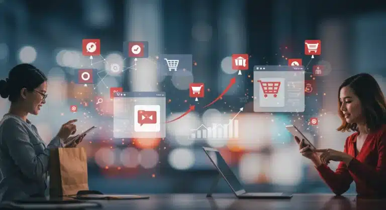 Illustration of social commerce integration, showing people shopping on social media platforms with sales growth charts.