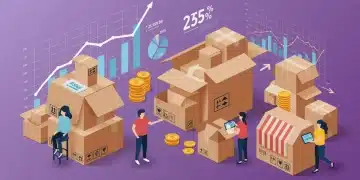 Illustration of diverse subscription boxes with growth charts, symbolizing 25% growth for US brands in 2025.