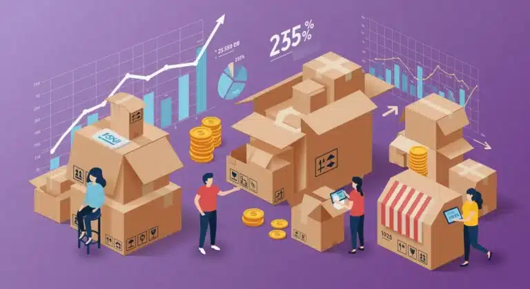 Illustration of diverse subscription boxes with growth charts, symbolizing 25% growth for US brands in 2025.