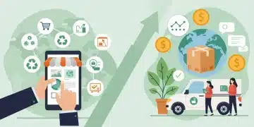 Sustainable e-commerce practices in action, showing eco-friendly packaging, electric delivery, and digital management for U.S. retailers in 2025.