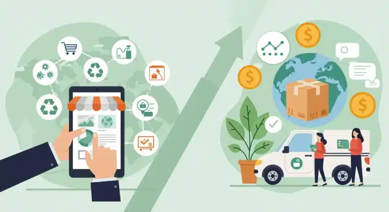 Sustainable e-commerce practices in action, showing eco-friendly packaging, electric delivery, and digital management for U.S. retailers in 2025.