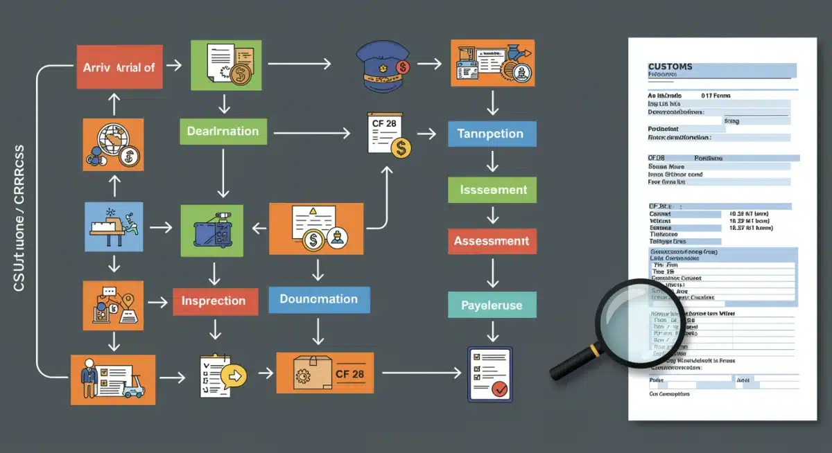 Infographic detailing the US customs clearance process for international e-commerce shipments, emphasizing documentation and compliance.