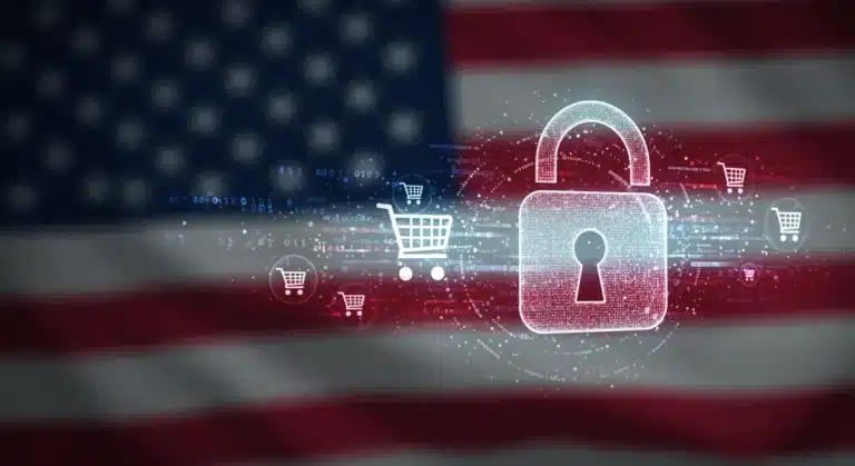 Secure shopping cart with data lock, representing US e-commerce data privacy laws and compliance.