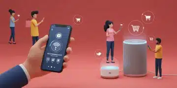 People interacting with smart speakers and virtual assistants for voice commerce, depicting future e-commerce.