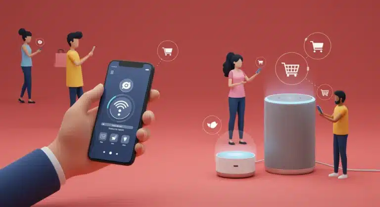 People interacting with smart speakers and virtual assistants for voice commerce, depicting future e-commerce.