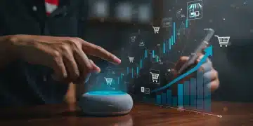 Smart speaker with digital shopping interface and growth chart representing voice commerce expansion in the US.