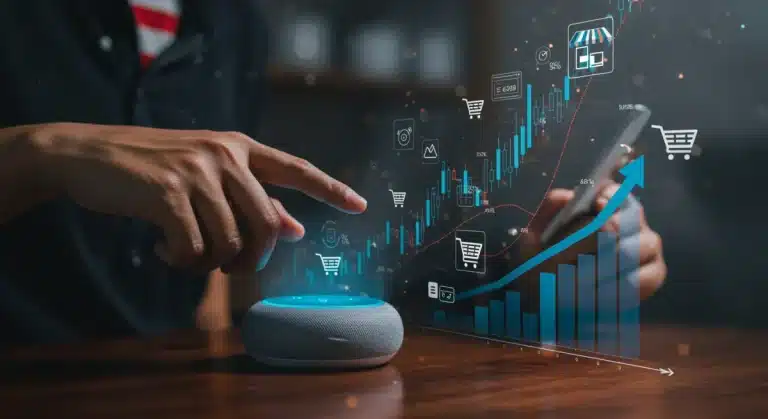 Smart speaker with digital shopping interface and growth chart representing voice commerce expansion in the US.