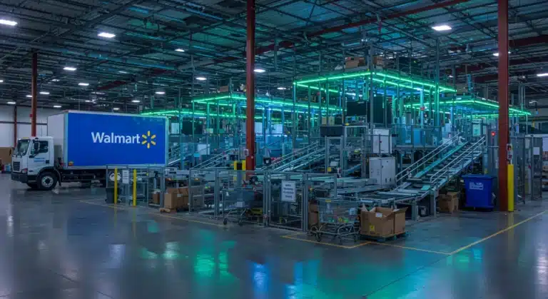 Walmart's advanced fulfillment center showcasing automated sorting and efficient package handling for faster deliveries.