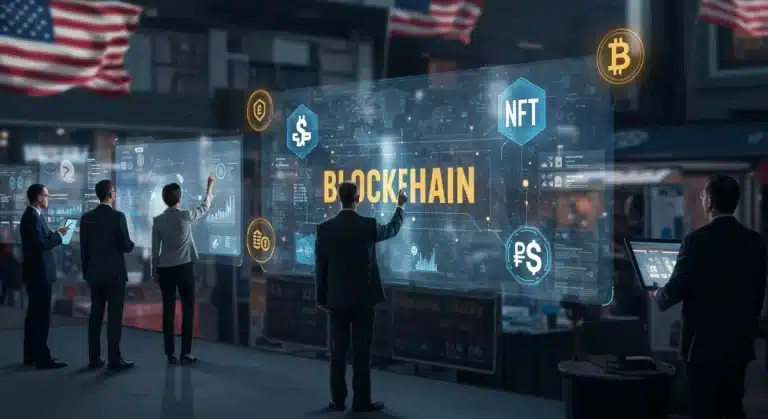 Futuristic e-commerce platform with Web3 elements for U.S. businesses