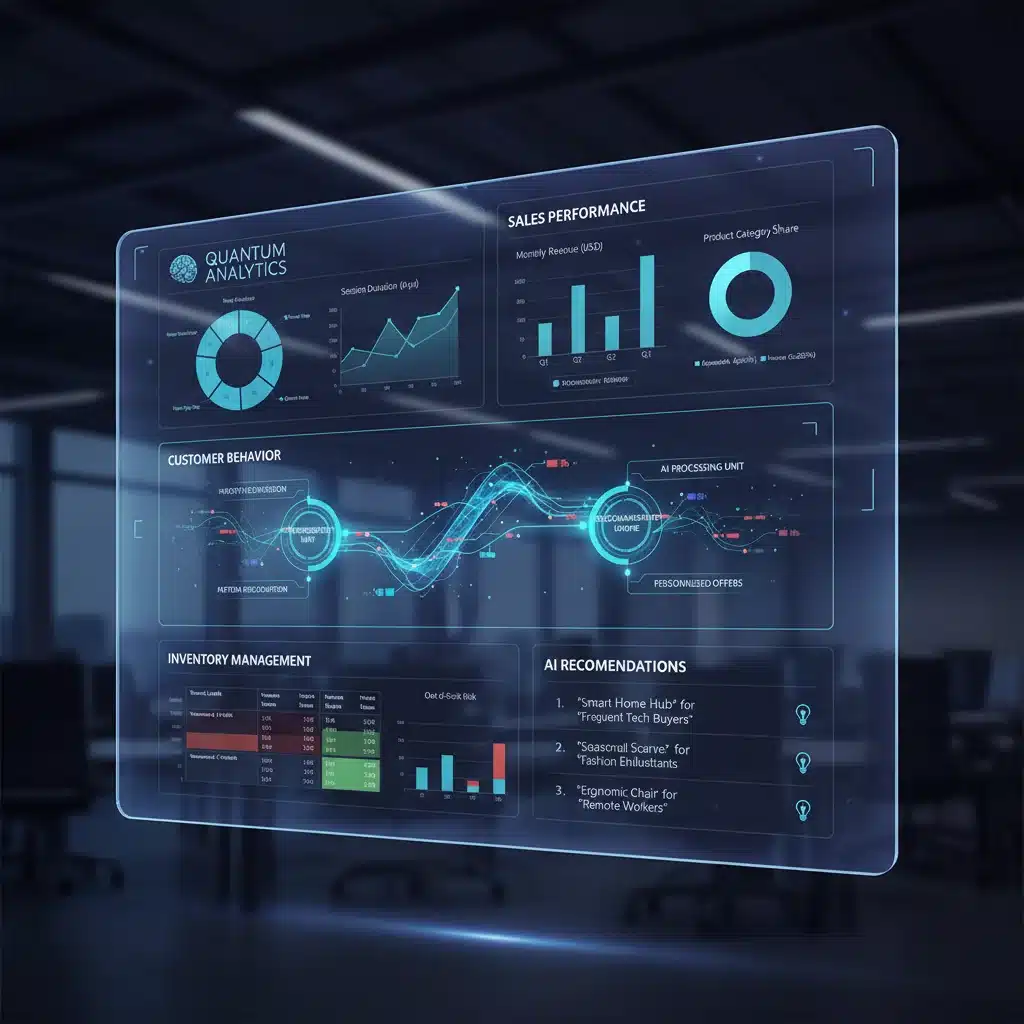 AI-powered data dashboard showing customer behavior analytics and personalized recommendations.