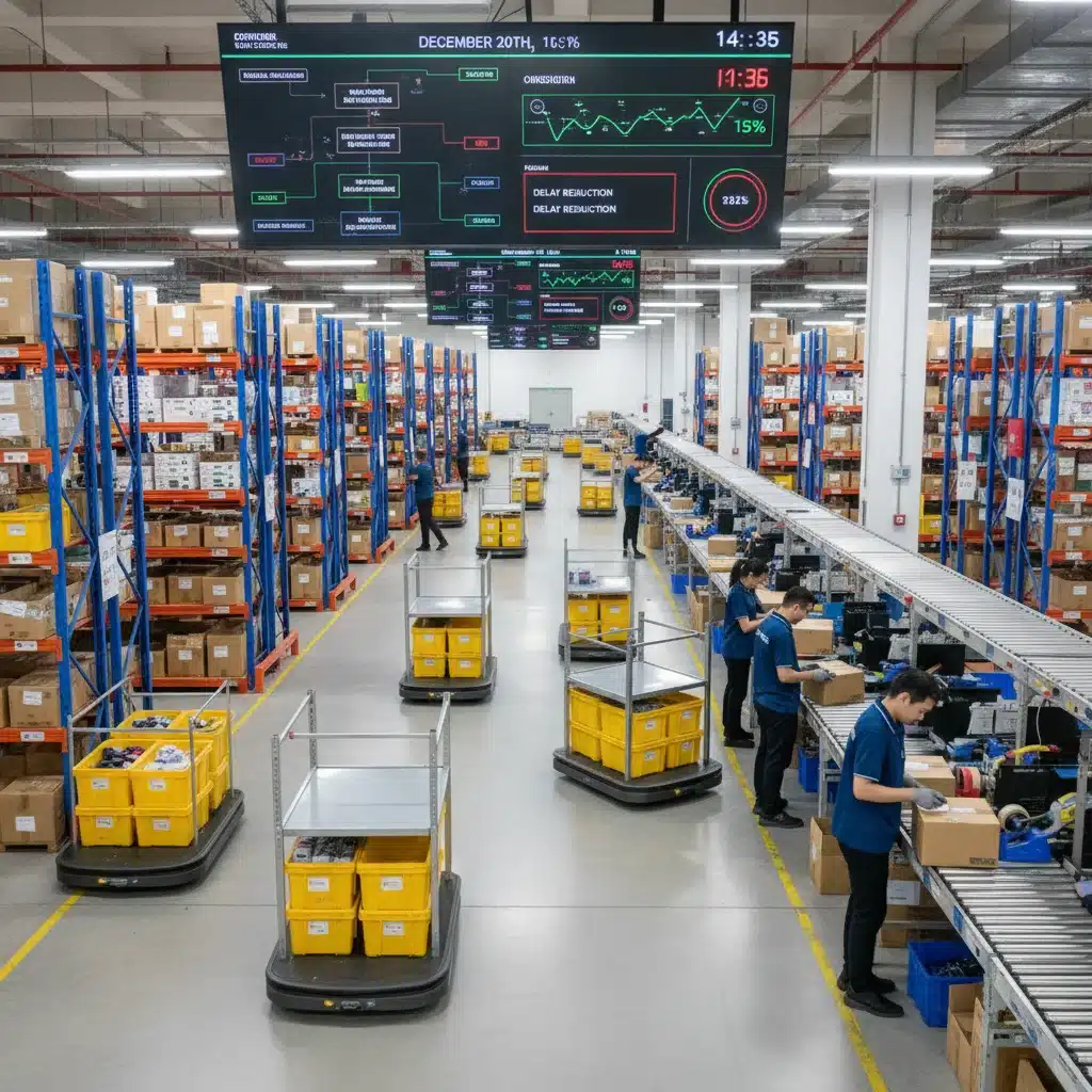Automated e-commerce fulfillment centre during peak season, showcasing efficient order processing.