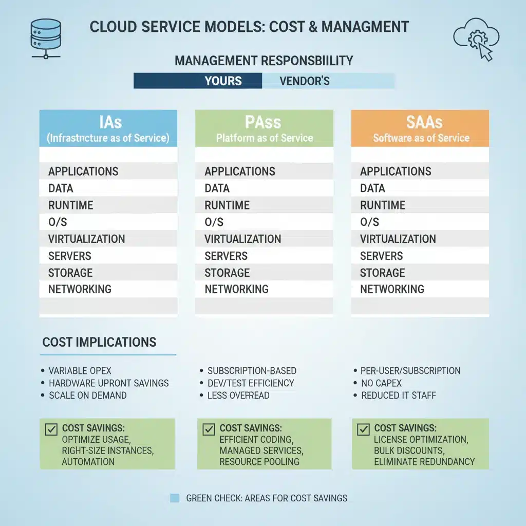 Infographic illustrating cloud service models and their cost optimisation opportunities for e-commerce.