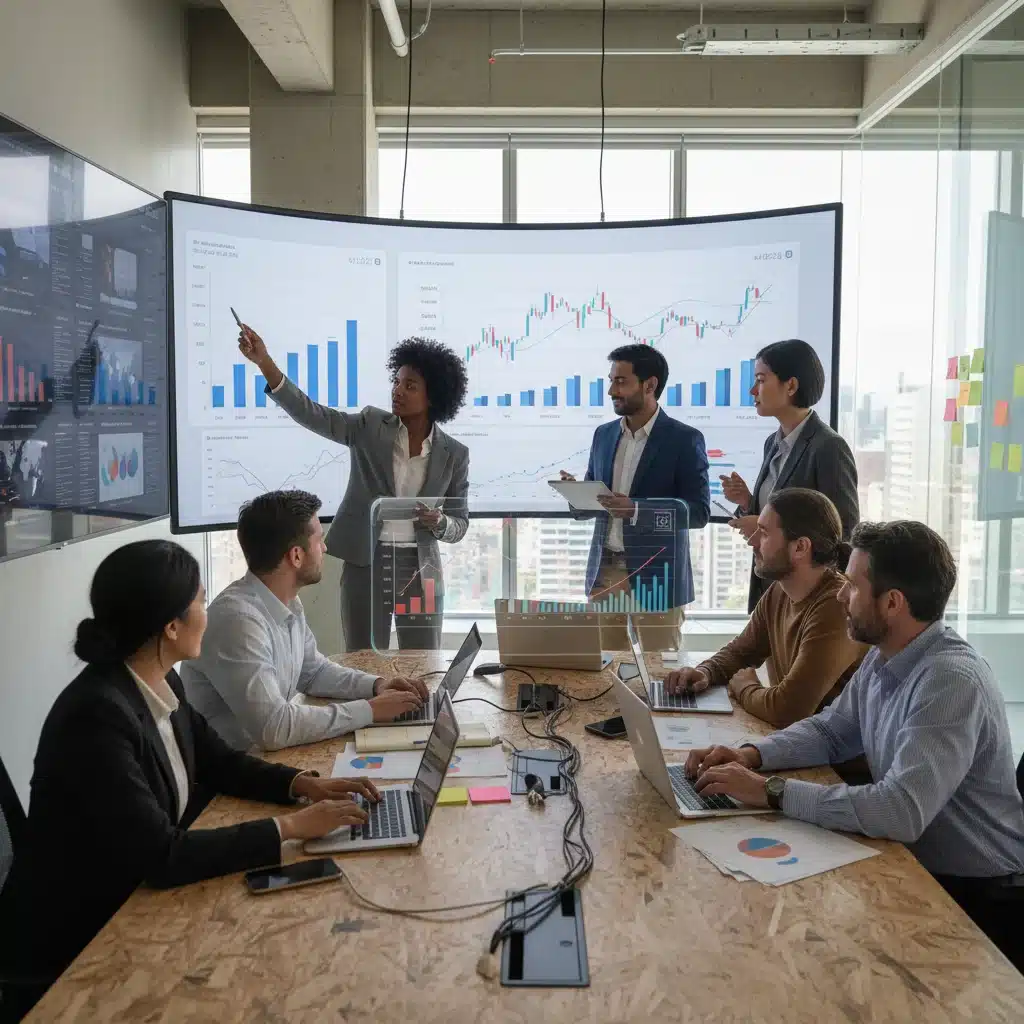 Business professionals collaborating on market analysis and competitive strategy in a modern office.