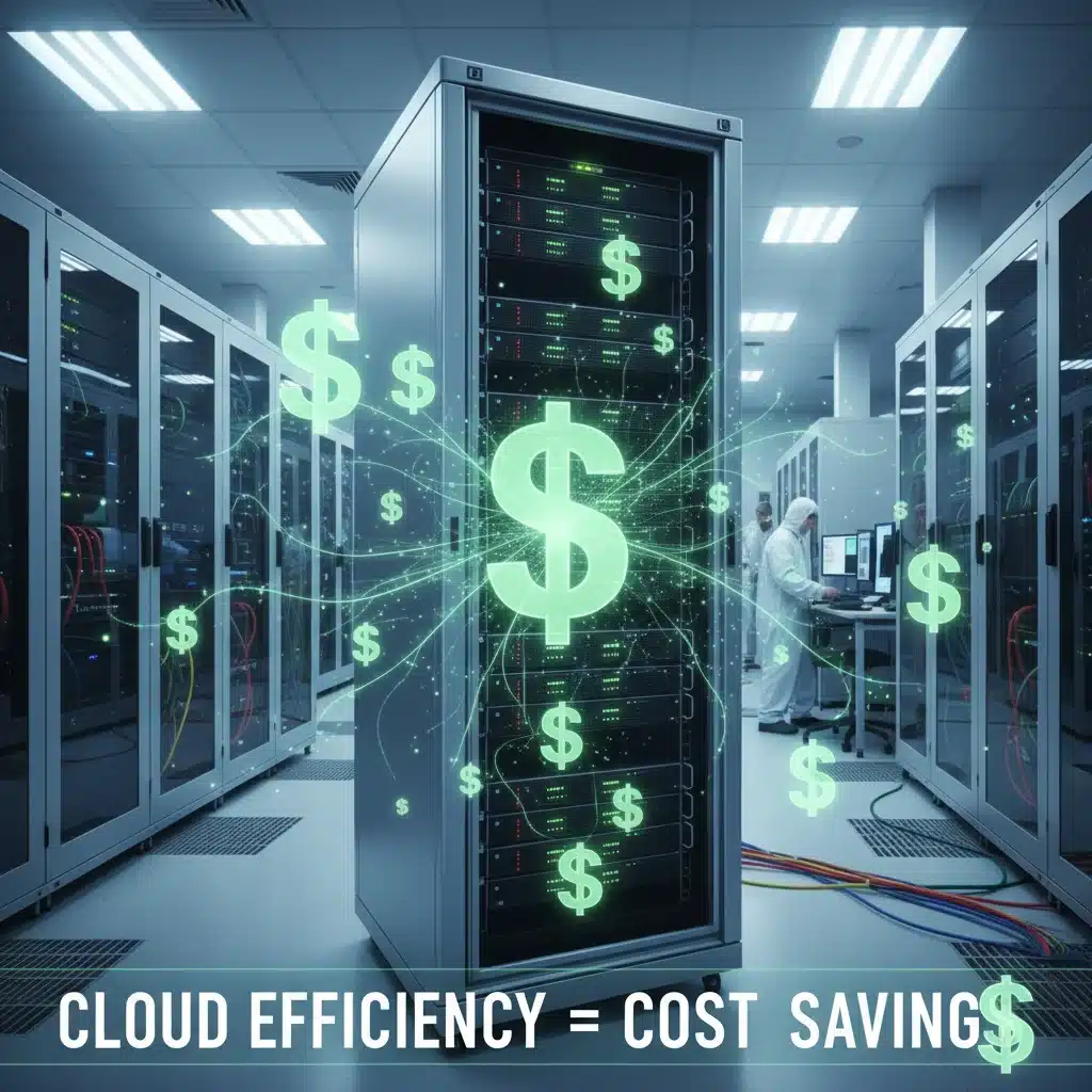 Visual metaphor for efficient server resource allocation leading to significant financial savings.