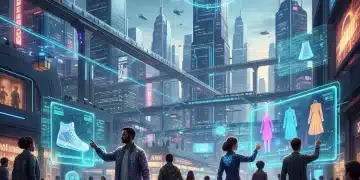 Futuristic e-commerce marketplace with AI and holographic displays, representing 2026 trends.