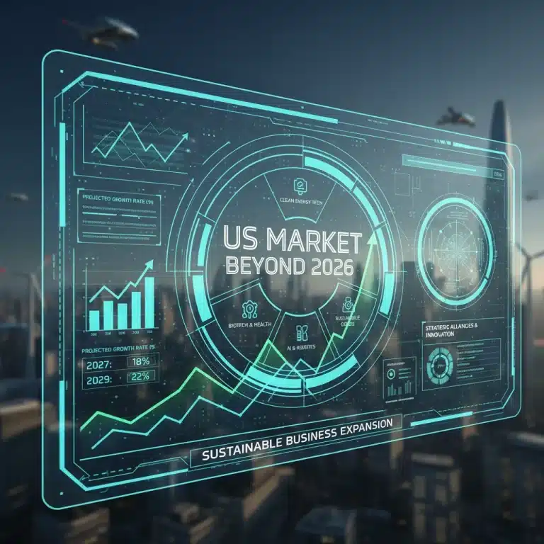 Futuristic digital marketplace interface showing growth charts for US business expansion.