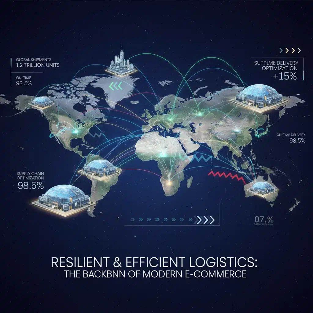 Global supply chain network with data flow, illustrating logistics efficiency.