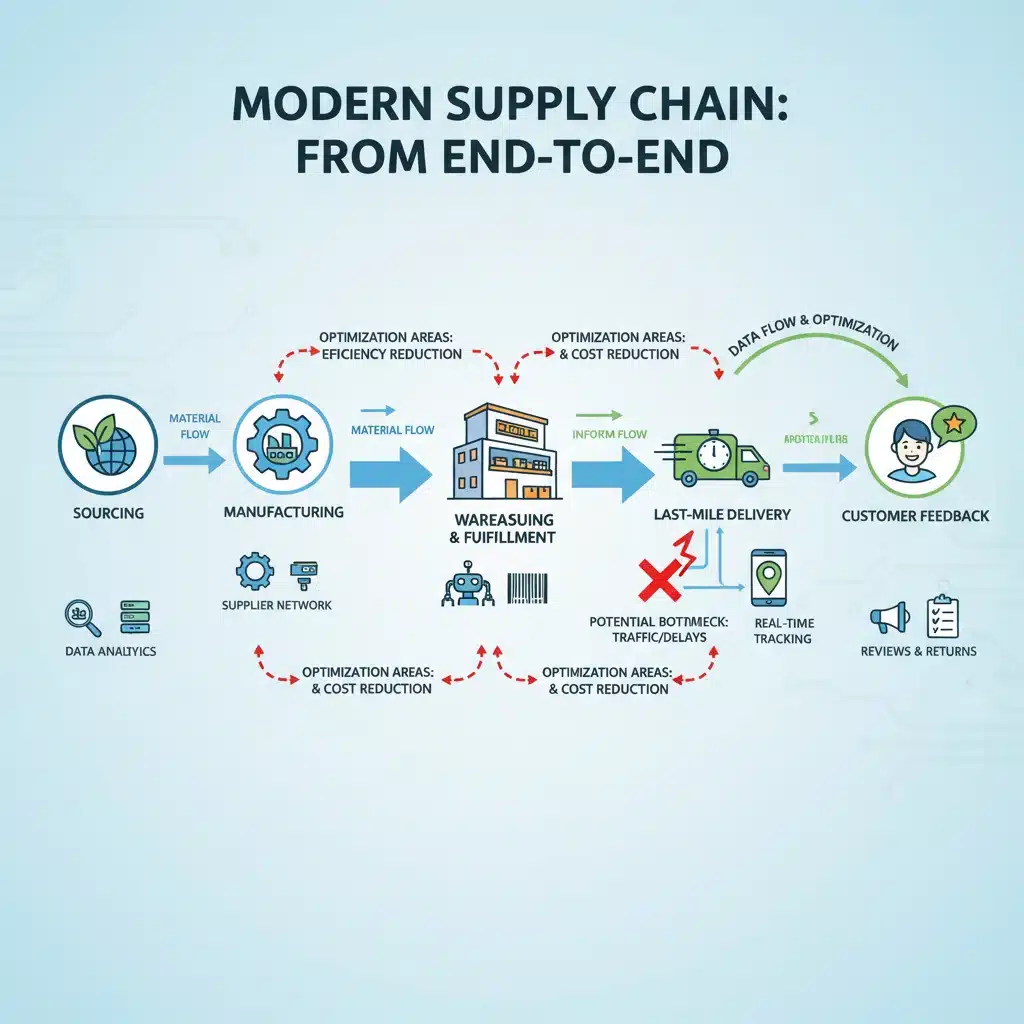 Infographic showing an integrated e-commerce supply chain process from start to finish.