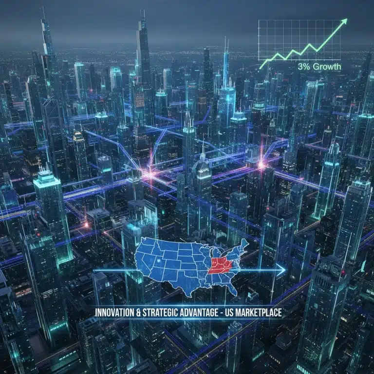 Futuristic cityscape with data lines and growth chart, symbolising US marketplace competition and strategic advantage in 2026.