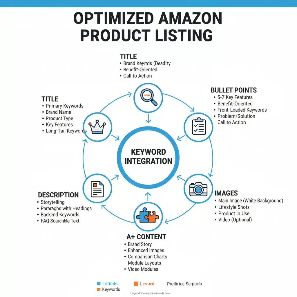 Infographic detailing components of an optimized Amazon product listing for better SEO.