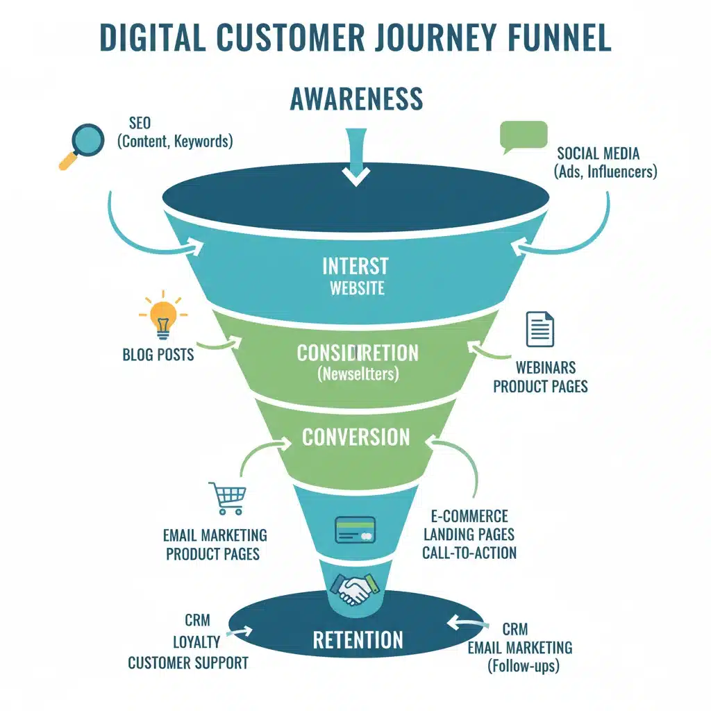 Customer journey funnel infographic with digital marketing strategies
