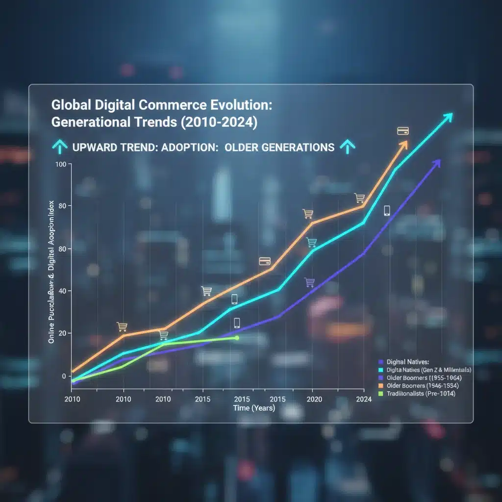 Demographic shifts in US online purchasing behavior across various age groups, highlighting increased digital adoption.