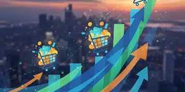 Dynamic digital retail growth chart with upward arrows and shopping cart