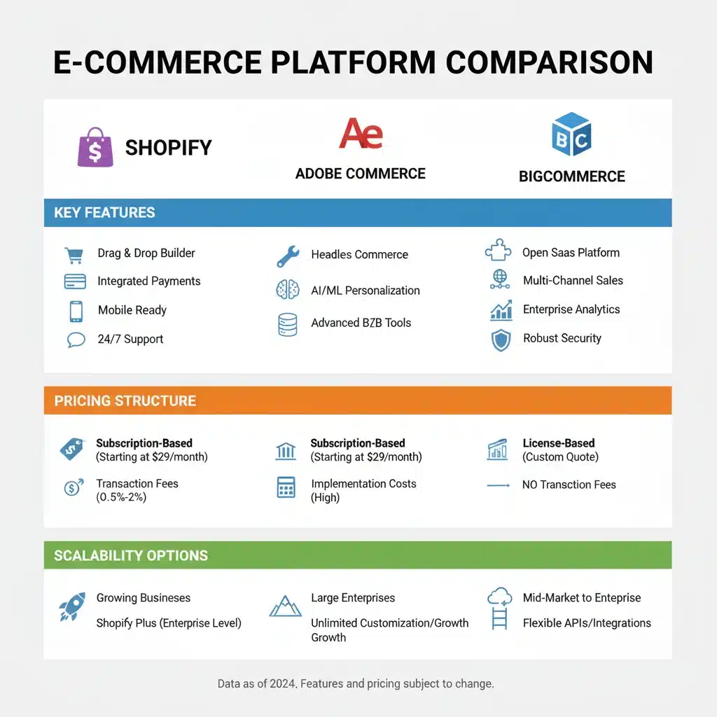 Infographic comparing Shopify, Adobe Commerce, and BigCommerce features
