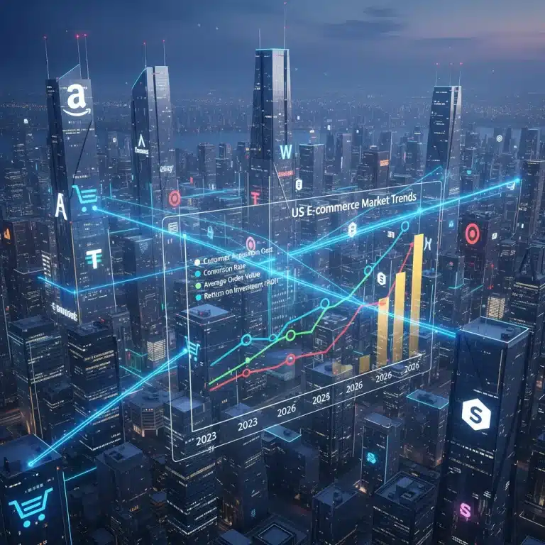 Futuristic e-commerce platform landscape with ROI projections graphic