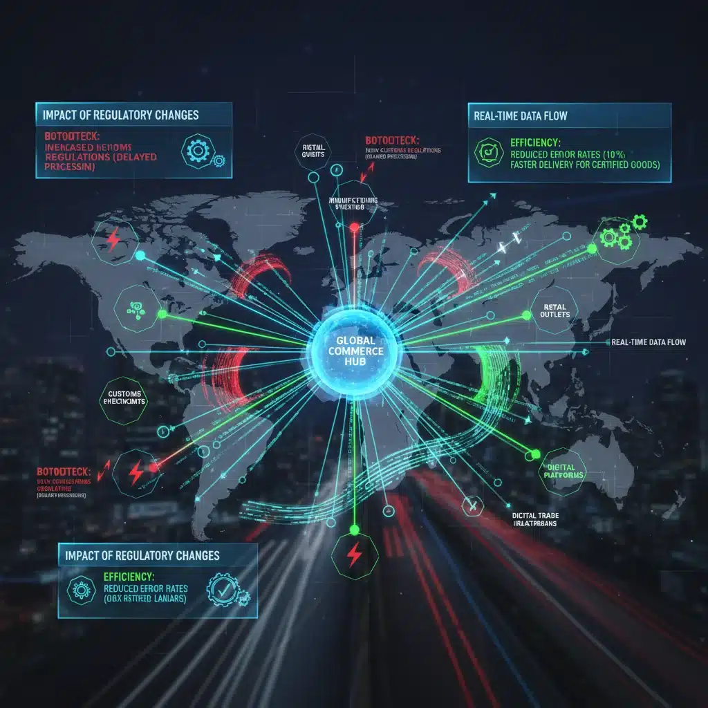 Complex supply chain network illustrating regulatory impact on logistics.