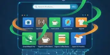 Digital marketplace interface with product listings and growth arrows, representing US marketplace SEO optimization.