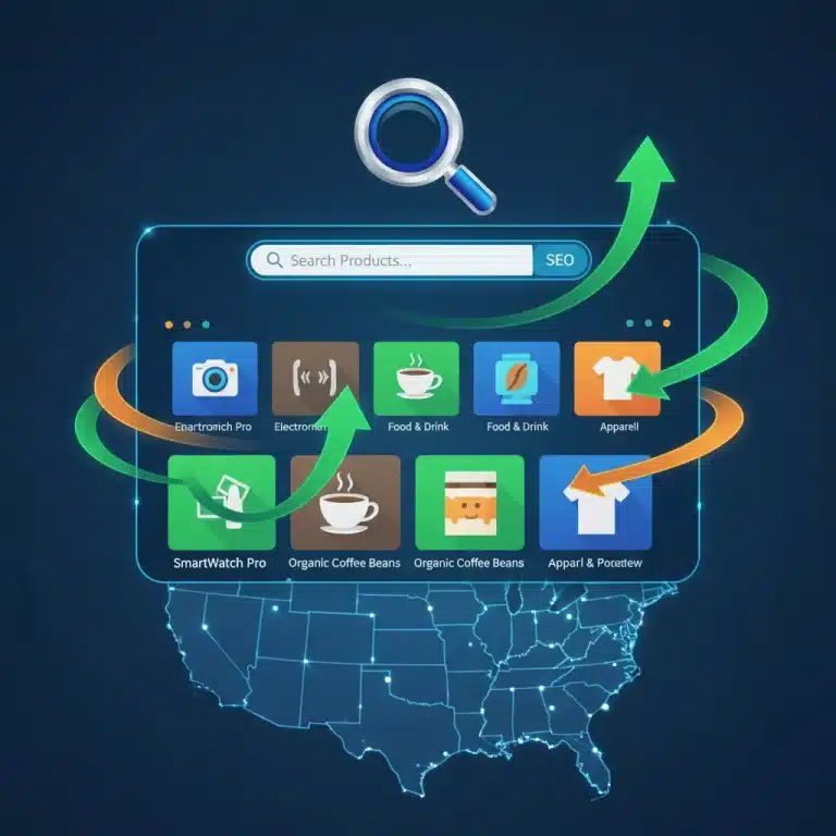 Digital marketplace interface with product listings and growth arrows, representing US marketplace SEO optimization.