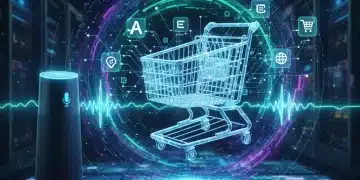 Futuristic voice commerce scene with smart speaker and digital shopping cart