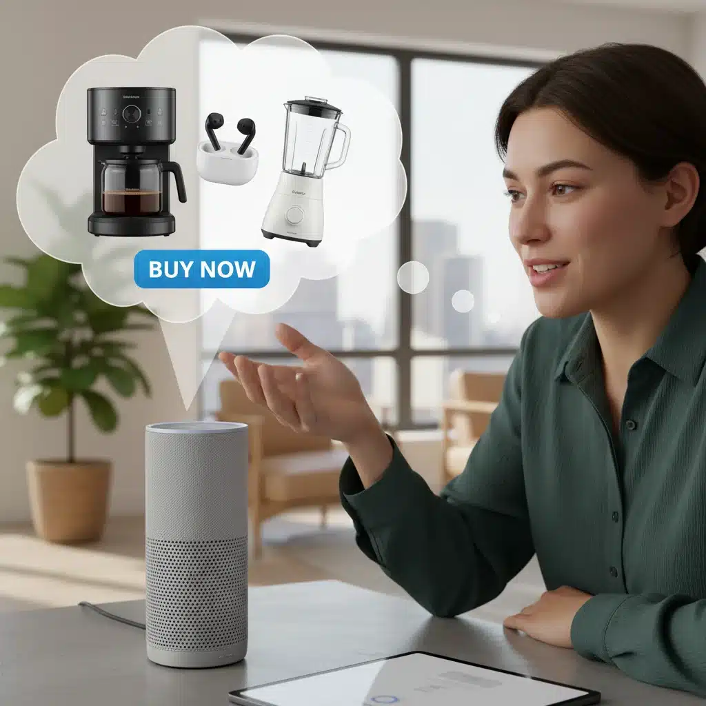 Person interacting with a smart speaker for voice shopping