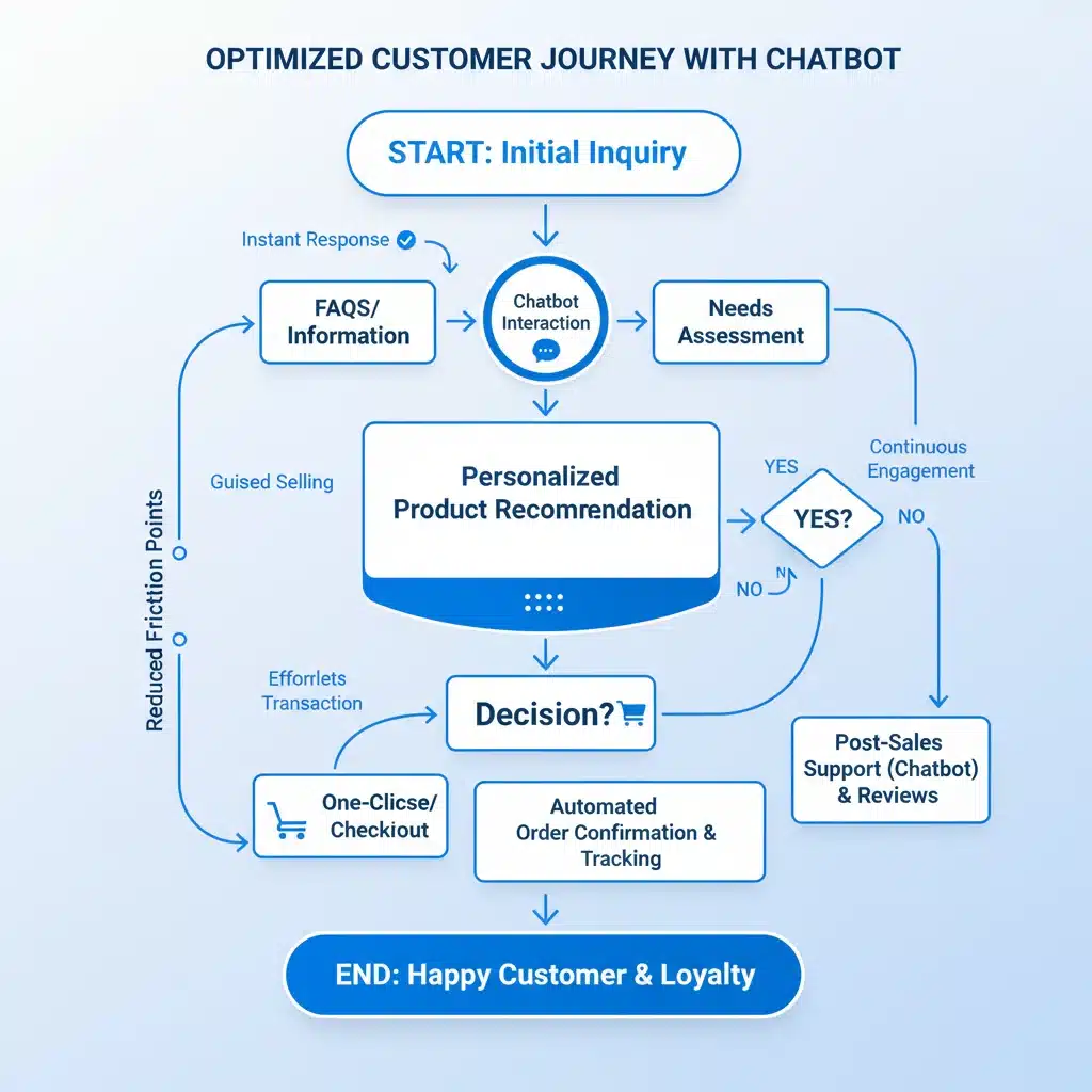 Customer journey map enhanced by chatbot interaction, showing streamlined support and sales processes.