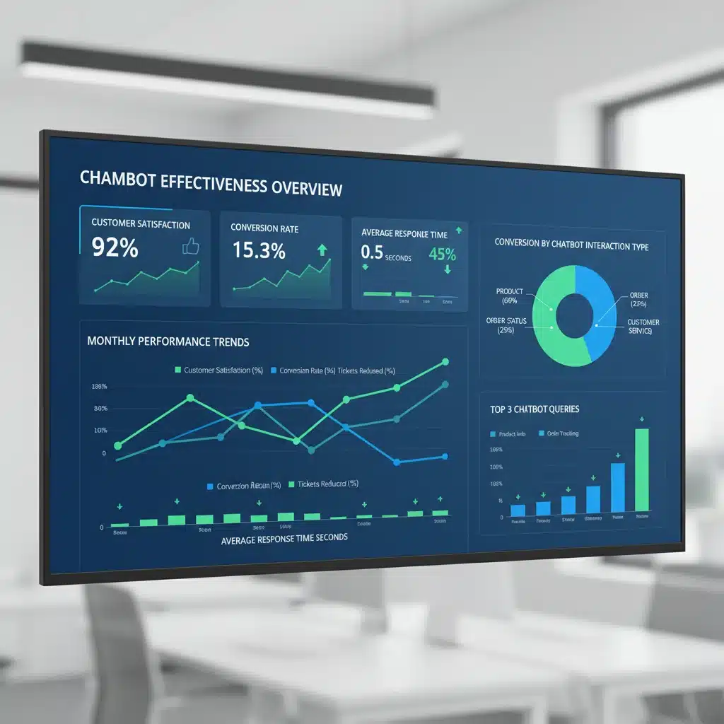 E-commerce analytics dashboard showcasing chatbot performance metrics like customer satisfaction and conversion rates.