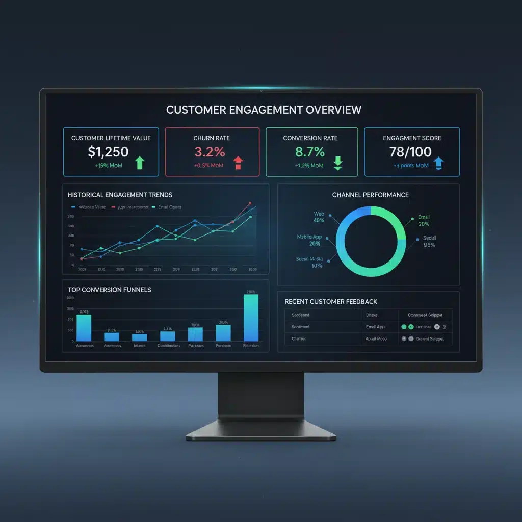 KPI dashboard showing real-time customer engagement metrics and business performance.