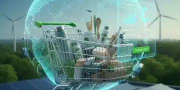 Duurzame e-commerce concept met wereld, winkelwagen en groene bladeren
