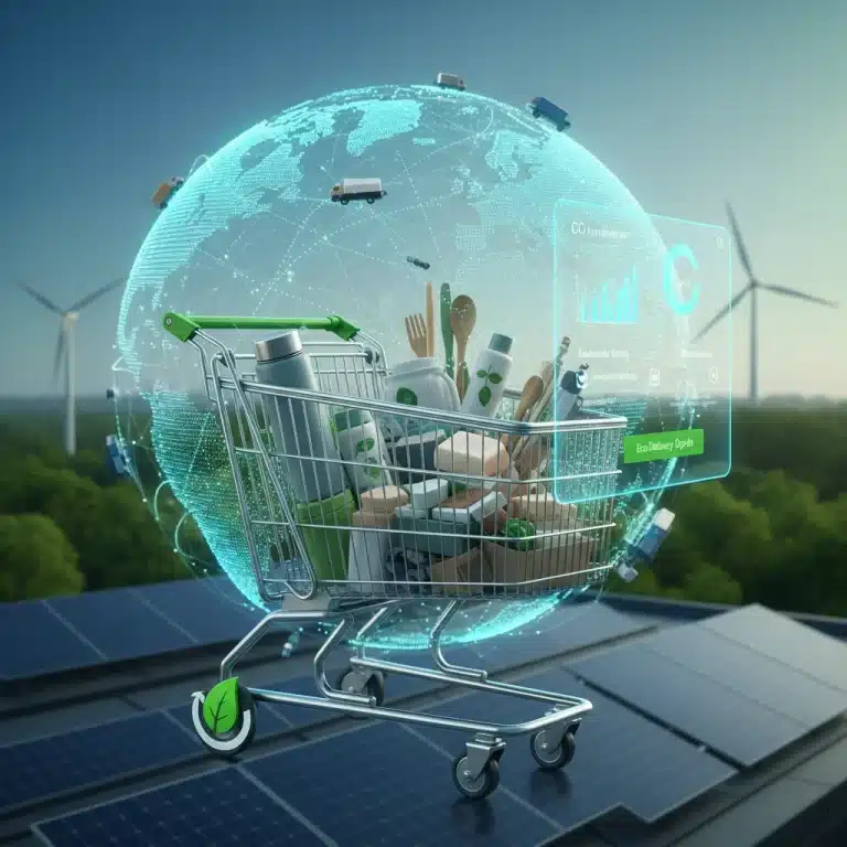 Duurzame e-commerce concept met wereld, winkelwagen en groene bladeren