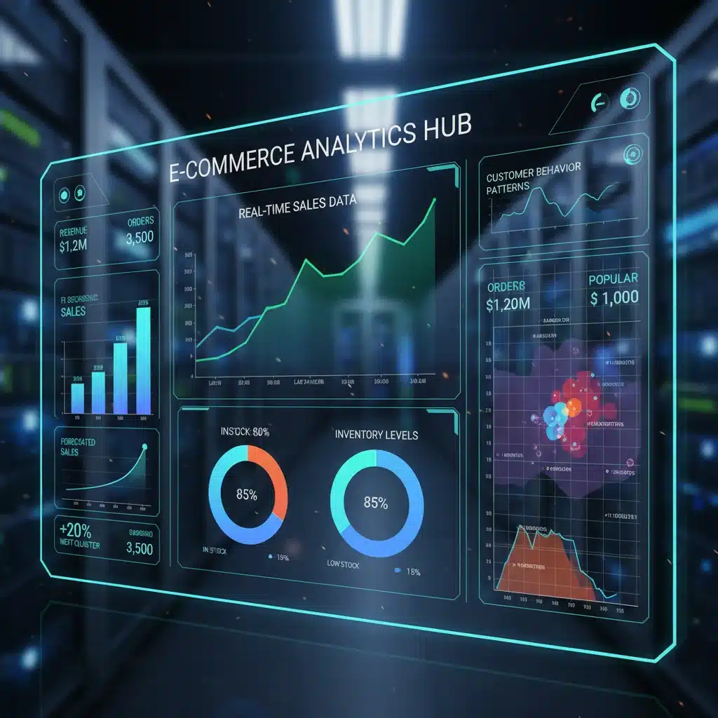 Dynamic dashboard displaying real-time e-commerce sales data, inventory, customer behavior, and sales forecasts.