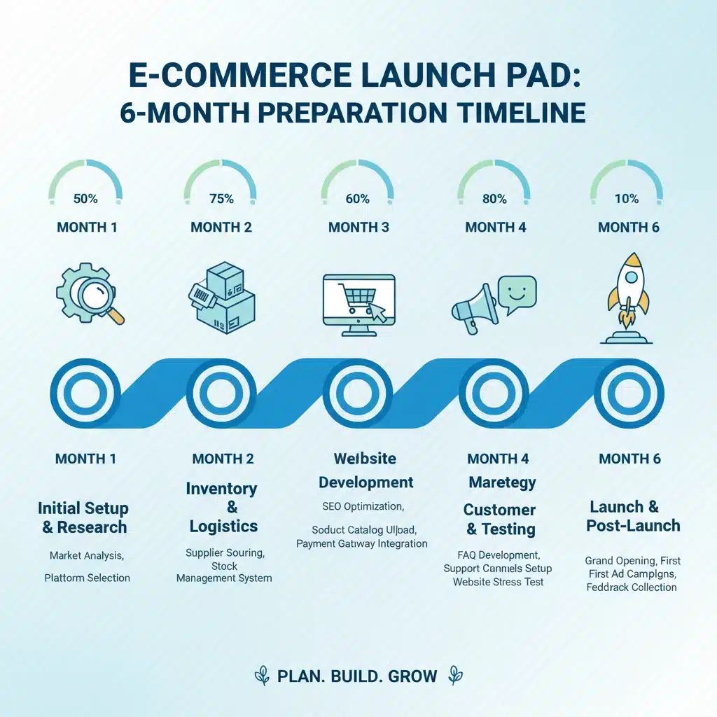 Infographic detailing 6-month e-commerce holiday preparation timeline.