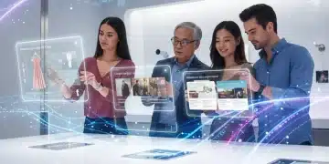 Diverse shoppers engaging with personalised e-commerce interfaces, powered by AI and data analytics.
